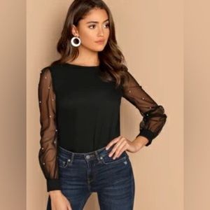 SHEIN Faux Pearl Sheer Mesh Sleeve Top